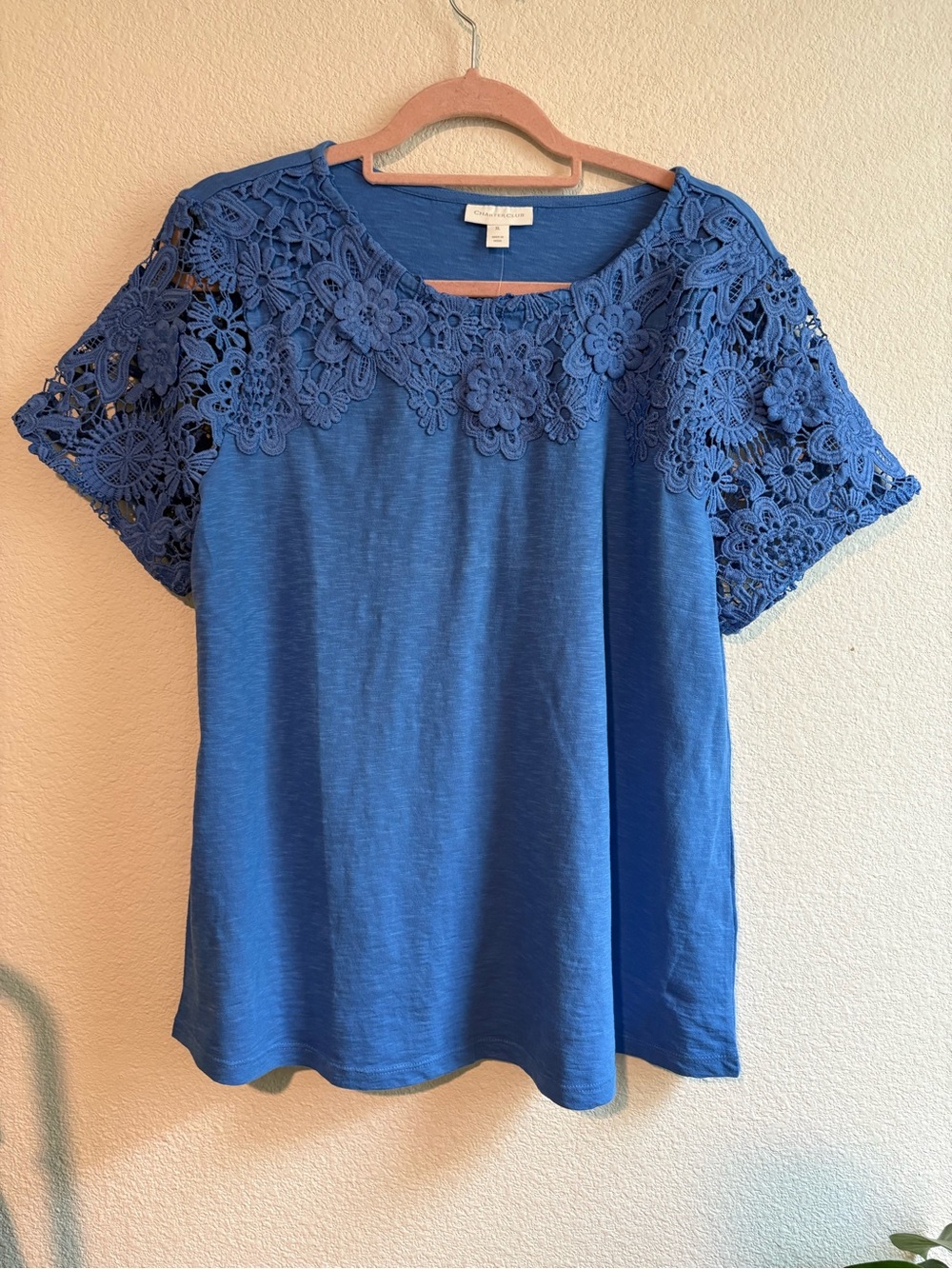 Charter Club Blue Crochet Yoke Short Sleeve Tee